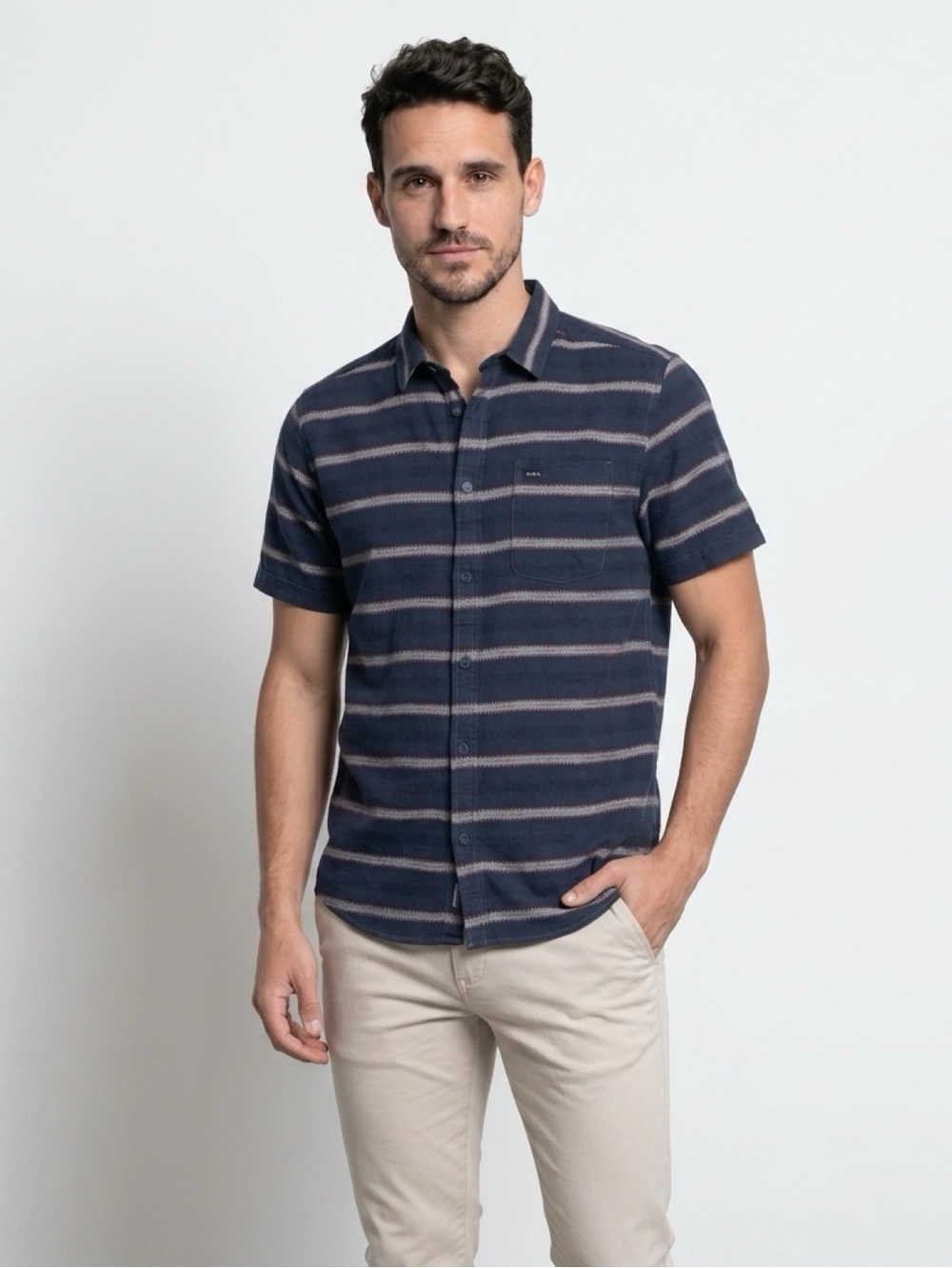 RVCA Button-Up Shirt Men's Size M Navy Blue Striped Short Sleeve Casual